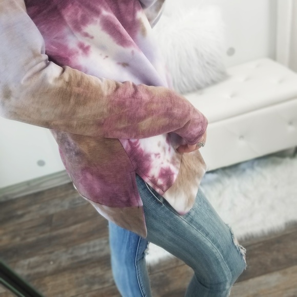 Fall Pullover Tie Dye Hoodie Tops Purple Taupe Comfy Tops - Picture 6 of 9